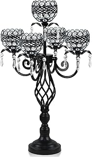 Elegant 5-Head Candelabra Centerpiece with Crystal Pendants - 23 Inch Tall Table Centerpiece for Weddings, Parties, Home Decor for Mother’s Day, Holidays & Special Occasions (1, Black)