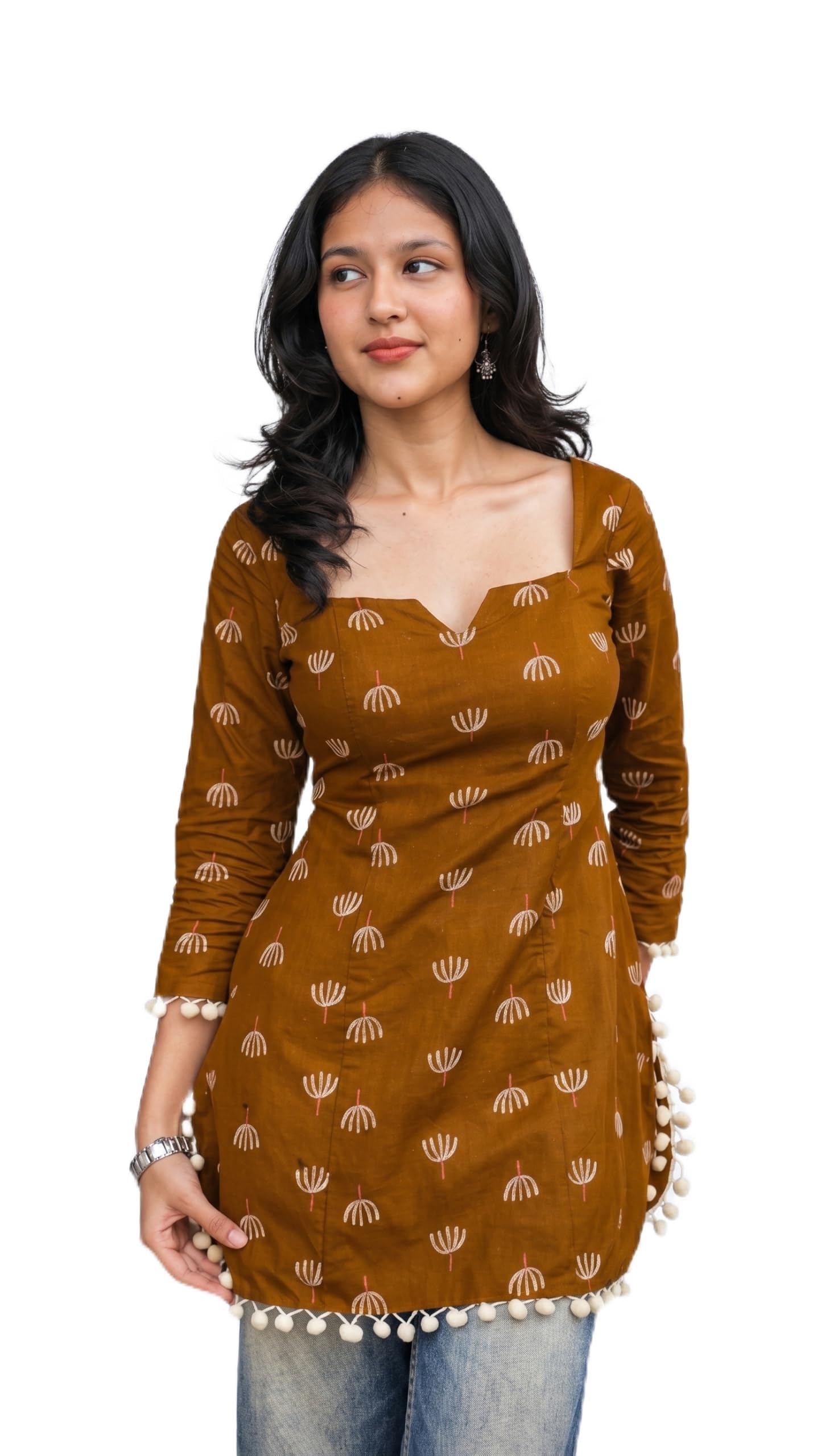 Women’s Rust Printed Rayon Short Kurti with Pom-Pom Lace | Sweetheart Neck & Tie-Up Back Tunic Top for Jeans-picture-29