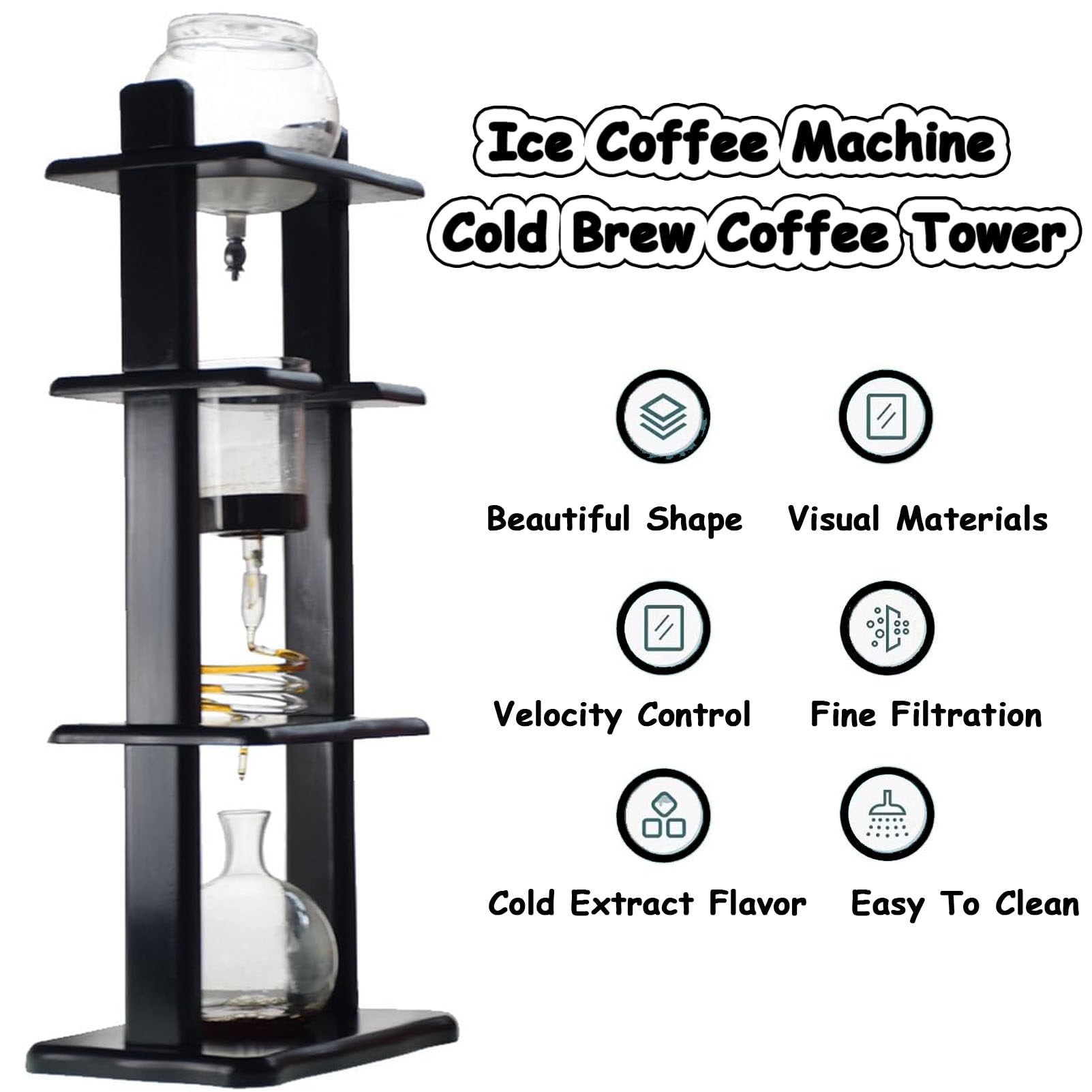 Ekspres do kawy przelewowej Ice Drip, przenośny 5-8 filiżanek, ekspres do kawy przelewowej Cold Brew, domowy, komercyjny, biurowy, ekspres do kawy przelewowej Pine Wood & Glass Tower