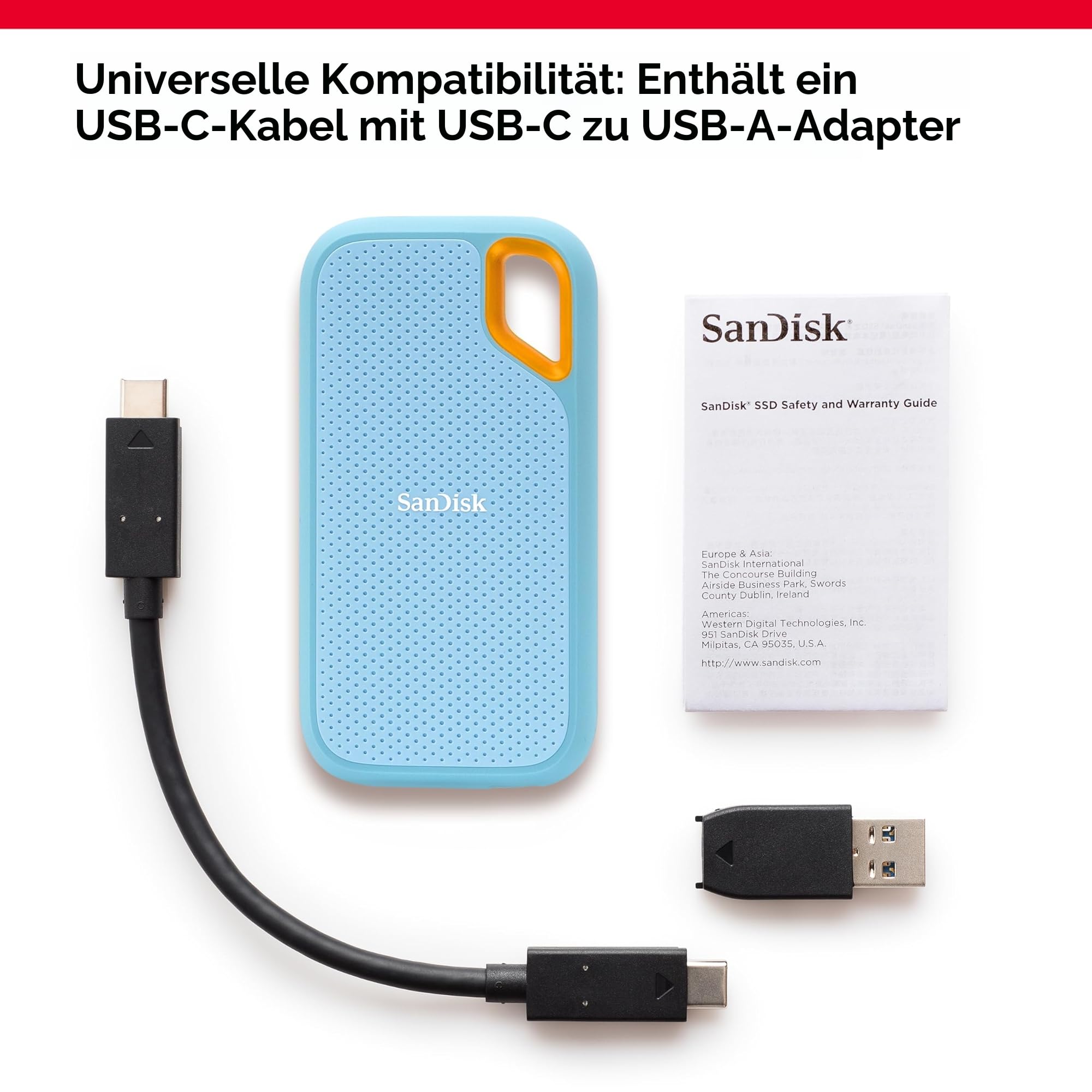 SanDisk Extreme SDSSDE61-2T00-G25B Externes SSD-Laufwerk, 2 TB, tragbar, bis zu 1050 MB/s, USB-C, USB 3.2 Gen 2, IP65 Wasser- und staubabweisend, aktualisierte Firmware, himmelblau