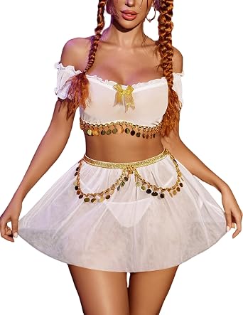 Avidlove Cosplay Lingerie for Women 3 Piece Sexy Roleplay Costumes Off Shoulder Mesh Top with Skirt