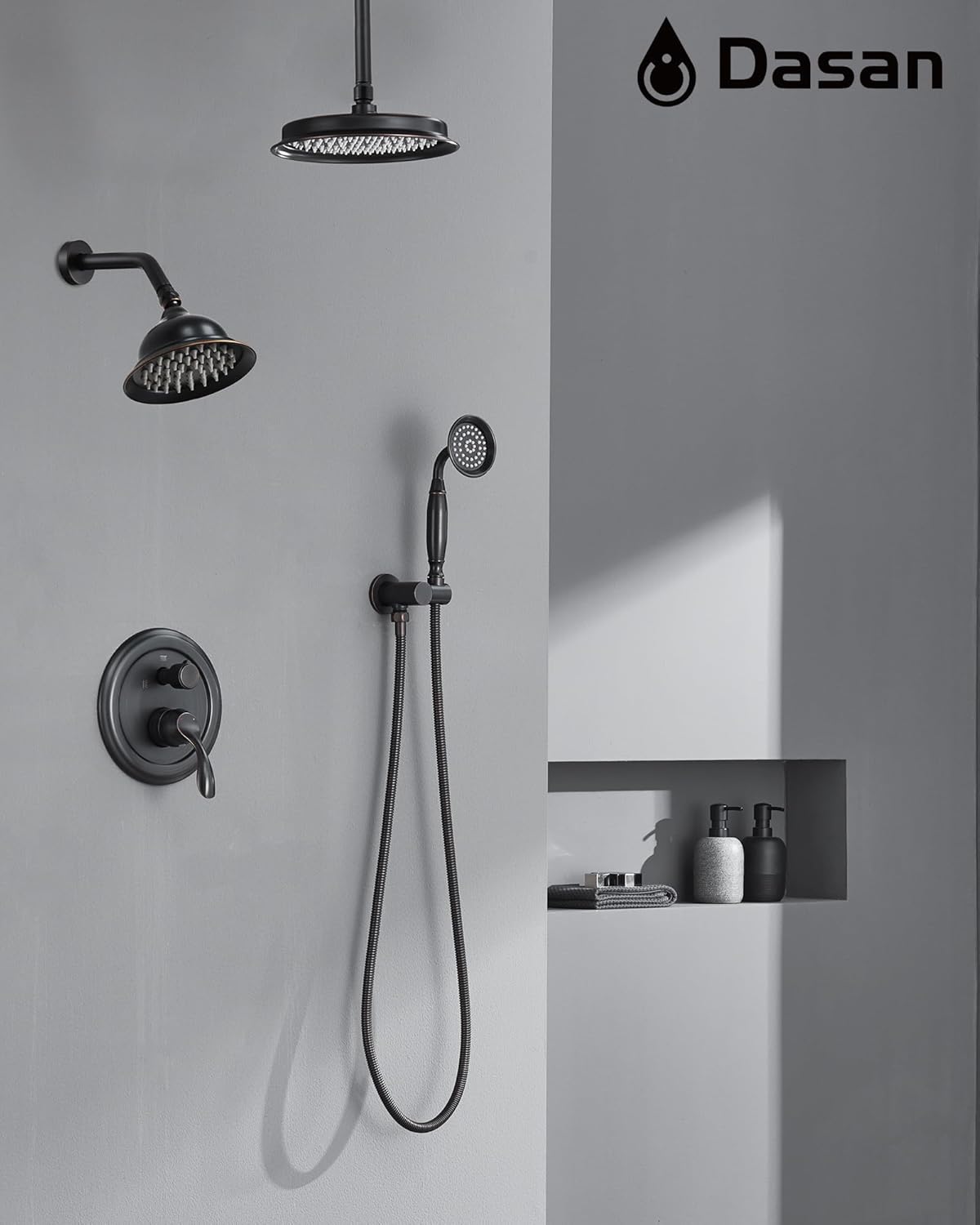 DASAN Antique Dual Shower Head Faucet Set, Oil Rubbed Bronze Dual Rain Shower Head System Complete Double Head Shower Fixture Combo, 9'' & 6'' Dual Rainfall Overhead Shower with Handheld, Valve & Trim