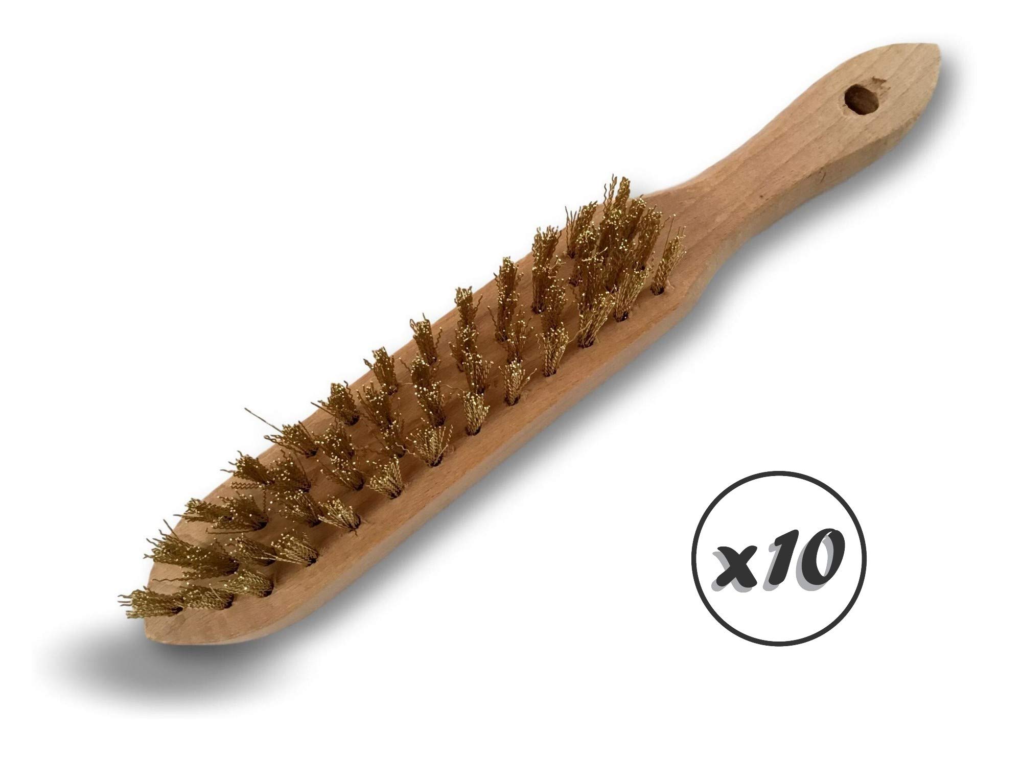 Standardowa szczotka druciana do spawania ręcznego | Zestaw 10 | 4-rzędowy mosiężny drut falisty 30 mm | Drewniany uchwyt | Szczotkowanie usuwanie rdzy | Kibros 32L4x10