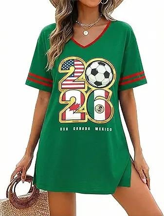 Women's 2026 Soccer Cup V-Neck T-Shirt Dress with Retro Stripe Short Sleeves