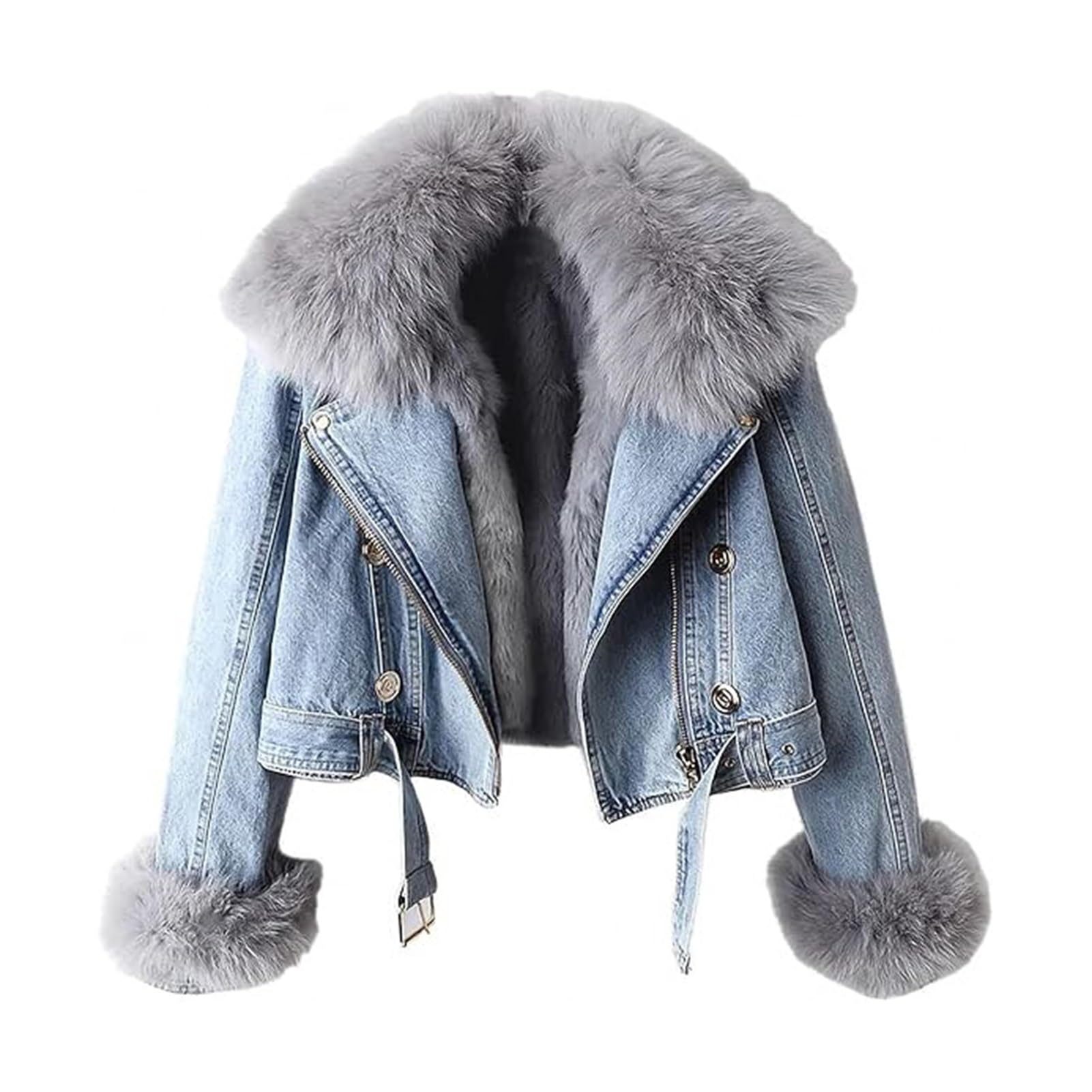 Chaqueta Vaquera con Piel para Mujer, Chaqueta de Invierno Tallas Grandes Forrada Chaqueta de Piel, Vaqueros Abrigo Vaquero Acolchado Chaquetas de Invierno, Chaquetas Vaqueras Cálidas de Invierno