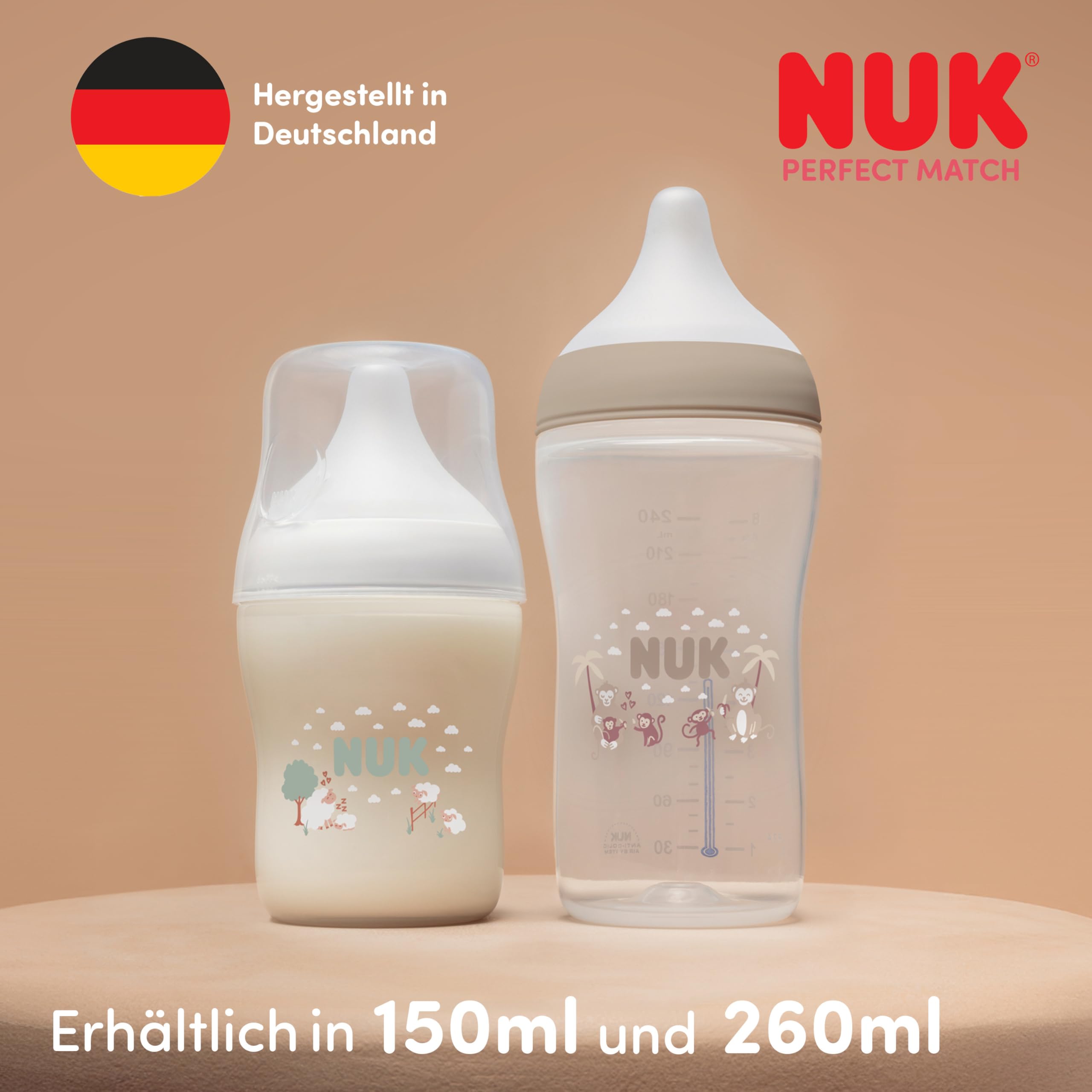 NUK Perfect Match Butelka dla niemowląt | 0+ miesięcy | 260 ml | Butelka przeciwkolkowa | PP | Wskaźnik kontroli temperatury | Hipopotam | 1 sztuka