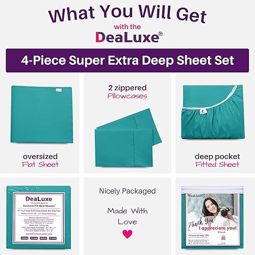 Miniatura 4 de Juego de sábanas tamaño Queen de bolsillo extra profundo, 4 piezas, 21 pulgadas, sábana encimera de gran tamaño, sábana bajera y 2 fundas para