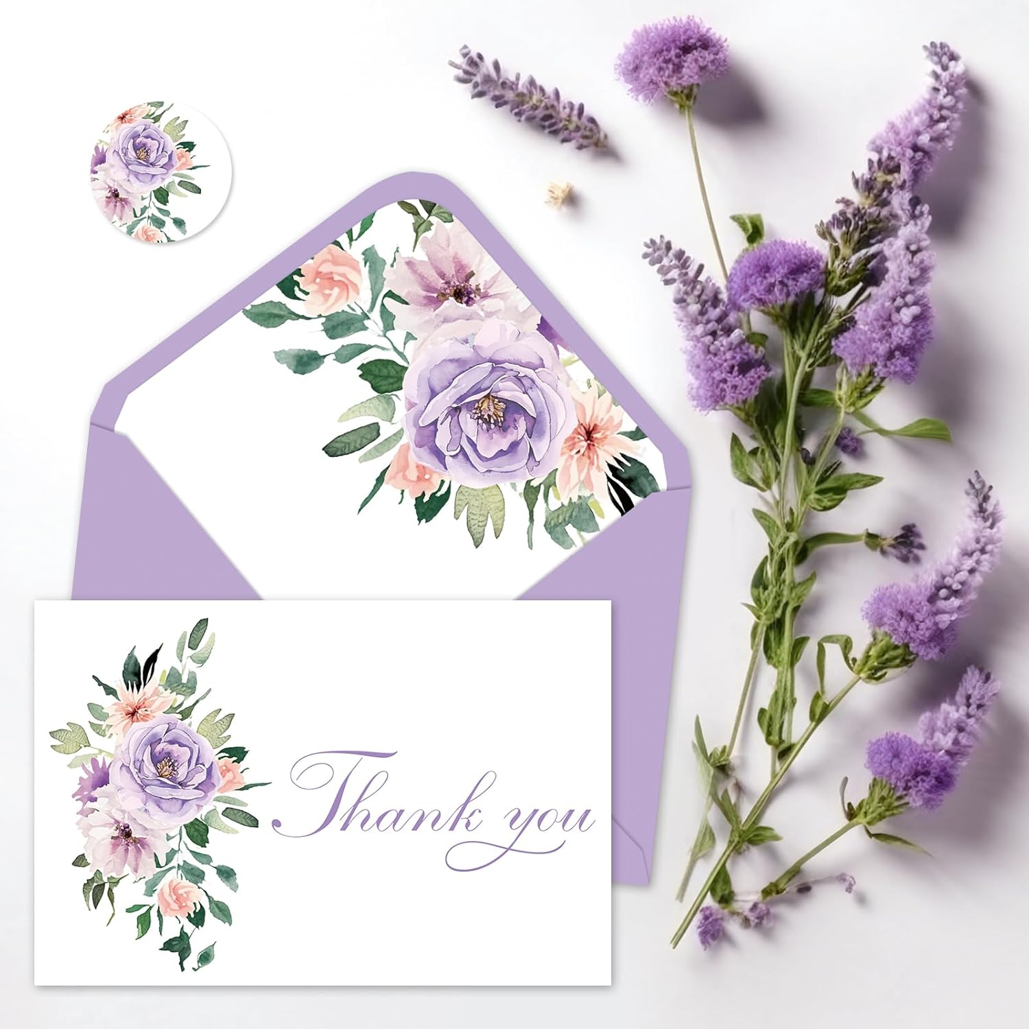 JarThenaAMCS 50 Pack Purple Floral Thank You Cards Pink Purple Flower Greeting Cards With Envelopes Stickers Watercolor Blank Note Card for Birthday Wedding - Image 5