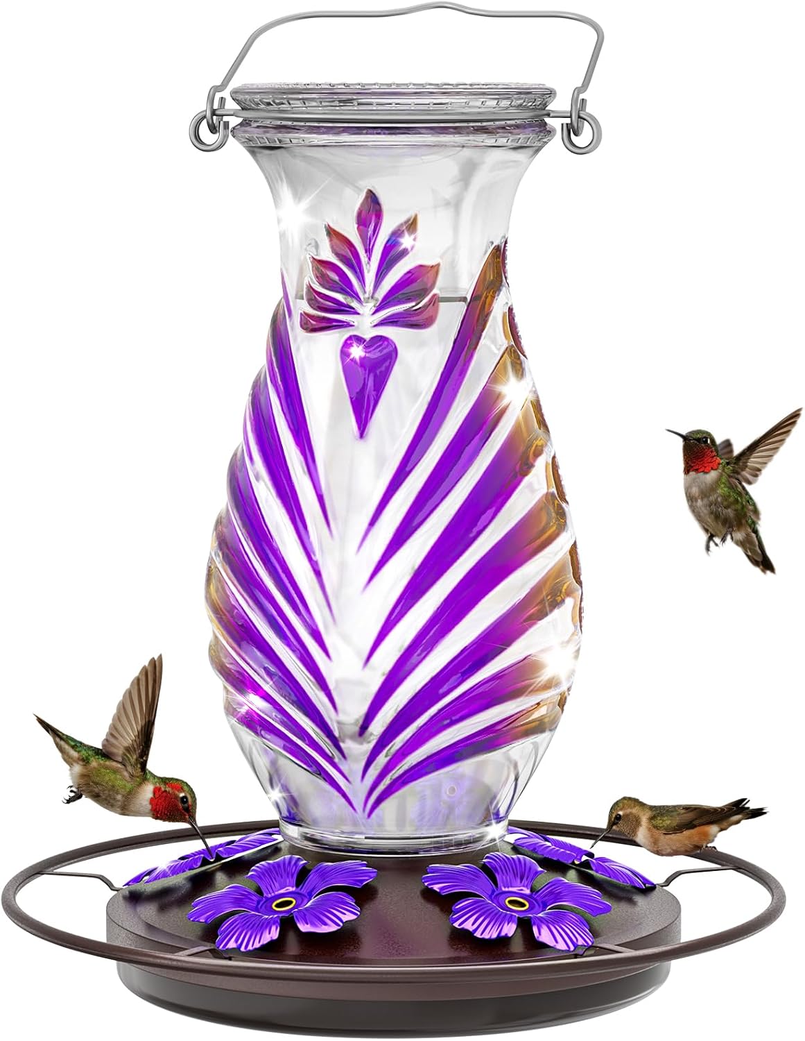 Hummingbird Feeder for Outdoors, 24oz Glass Nectar Feeder with Perch & 5 Flower Feeding Ports, Leakproof Hanging Bird Feeder for Garden Yard Decor, Outside Gifts for Women & Mom, Lavender