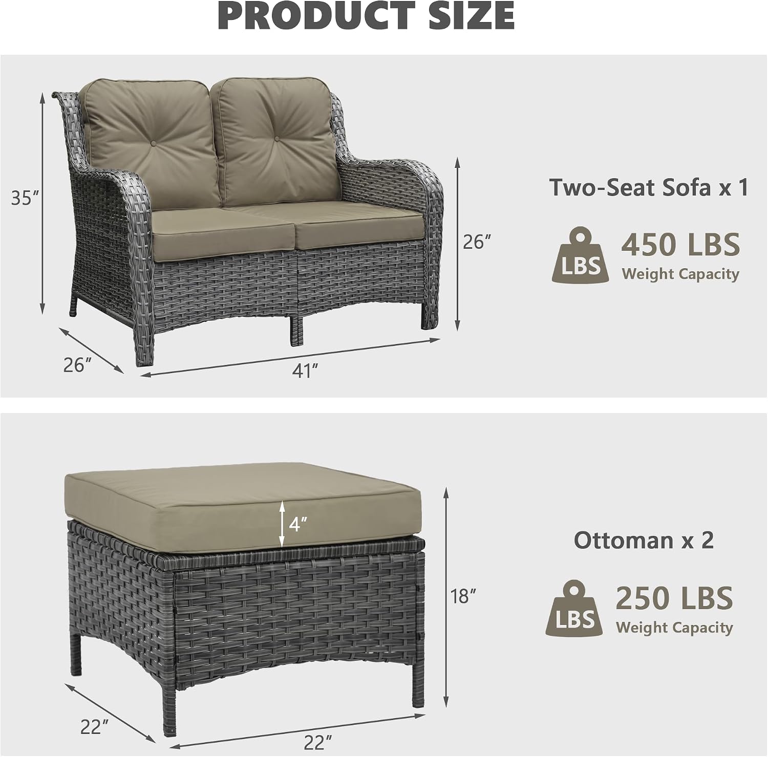 3-Piece Patio Furniture Set, Outdoor Loveseat 2-Seater Sofa with All-Weather Wicker Ottomans, Patio Conversation Set with 4’’ Thick Cushion for Living Room, Backyard, Deck, Brown