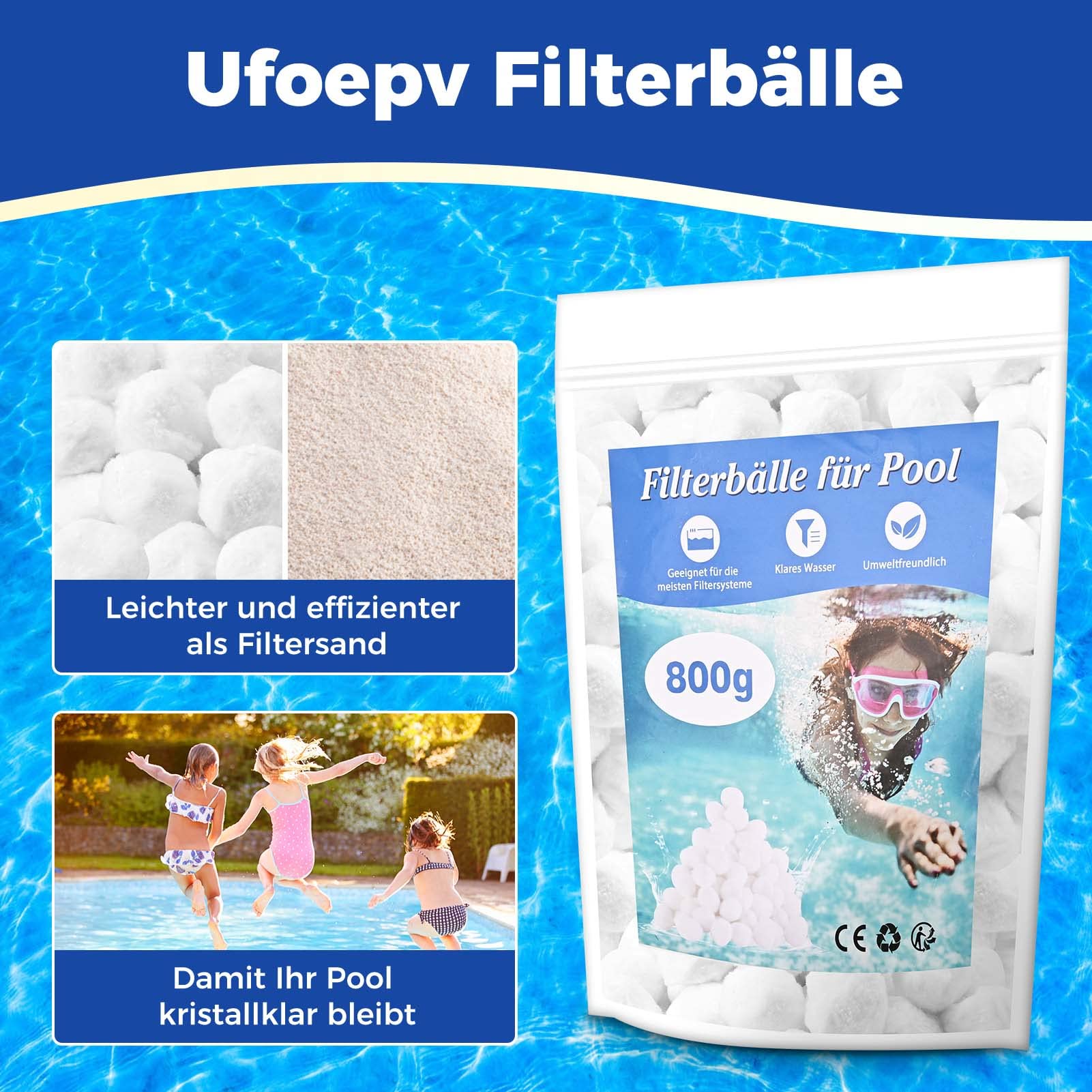 Kulki filtrujące do instalacji filtra piaskowego, 800 g, kulki filtrujące do basenu, zastępuje 28 kg piasku filtrującego kwarcowego, ultralekkie i wielokrotnego użytku, kulki filtrujące do