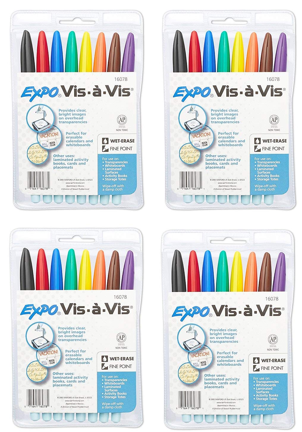 EXPO 16078 Vis-A-Vis Wet-Erase Overhead Transparency Markers, Fine Point, Assorted Colors, 4 Packages (8-Count)