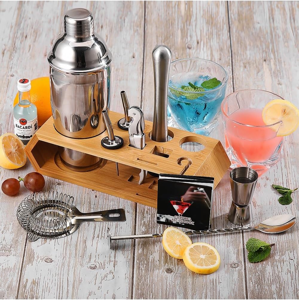 Bartender Kit,Perfect Home Bartending Kit and Martini Cocktail Shaker Set, 10-Piece Bar Tool Set with Stand,750ML