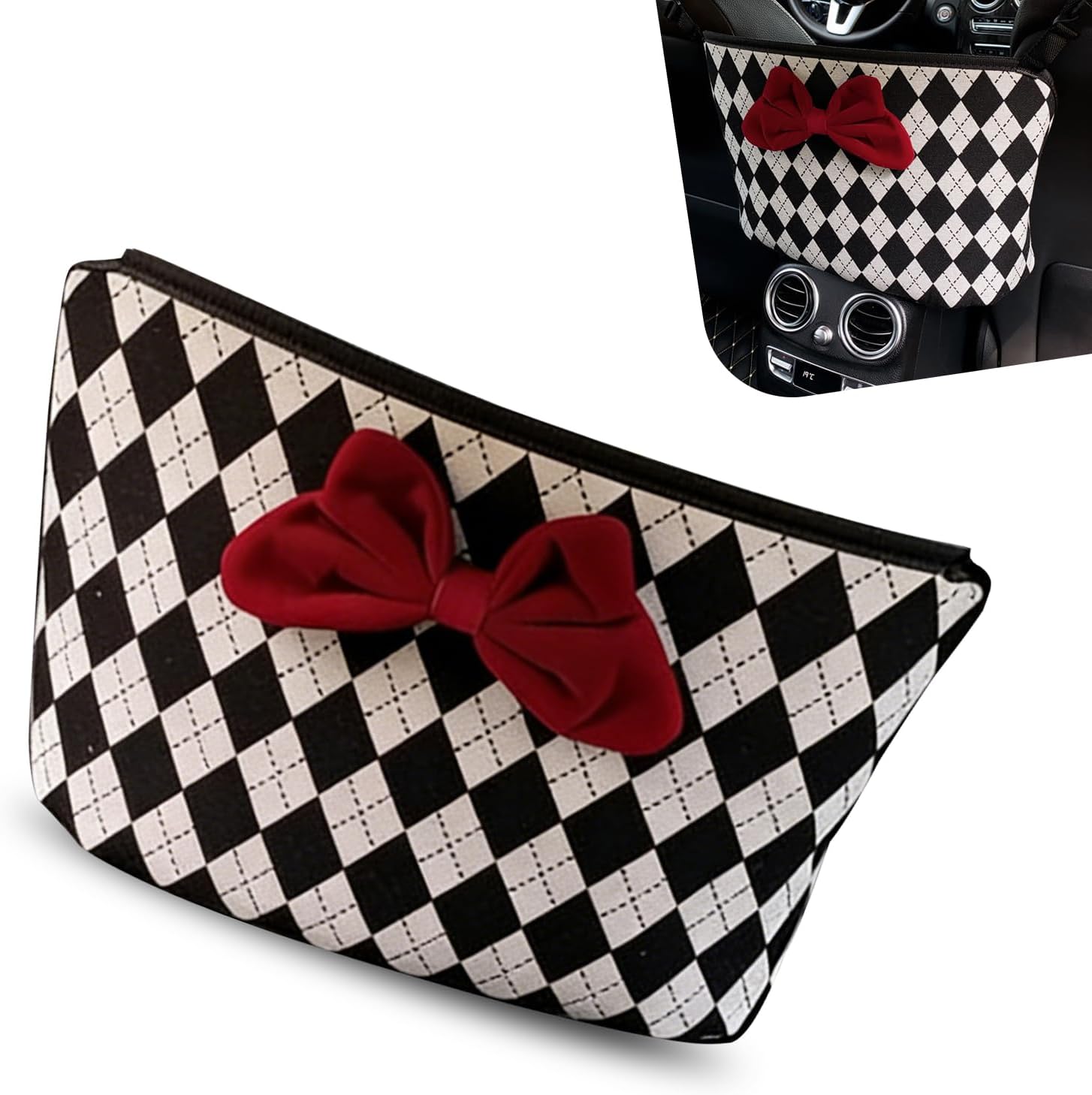 Car Between-Seat Storage Bag, Argyle Pattern Bowknot Decor Car Console Organizer for Grocery Personal Item, Universal for Most Car Models (Black & White)