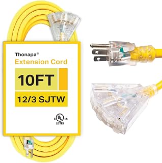 12 Gauge Extension Cord 10 Ft 3 Outlets, Heavy Duty Extension Cord with Multiple Outlets 10 Foot SJTW, 12/3 Weatherproof Tri-Tap Power Cable Splitter for Outdoor, 15 AMP - Contractor Grade