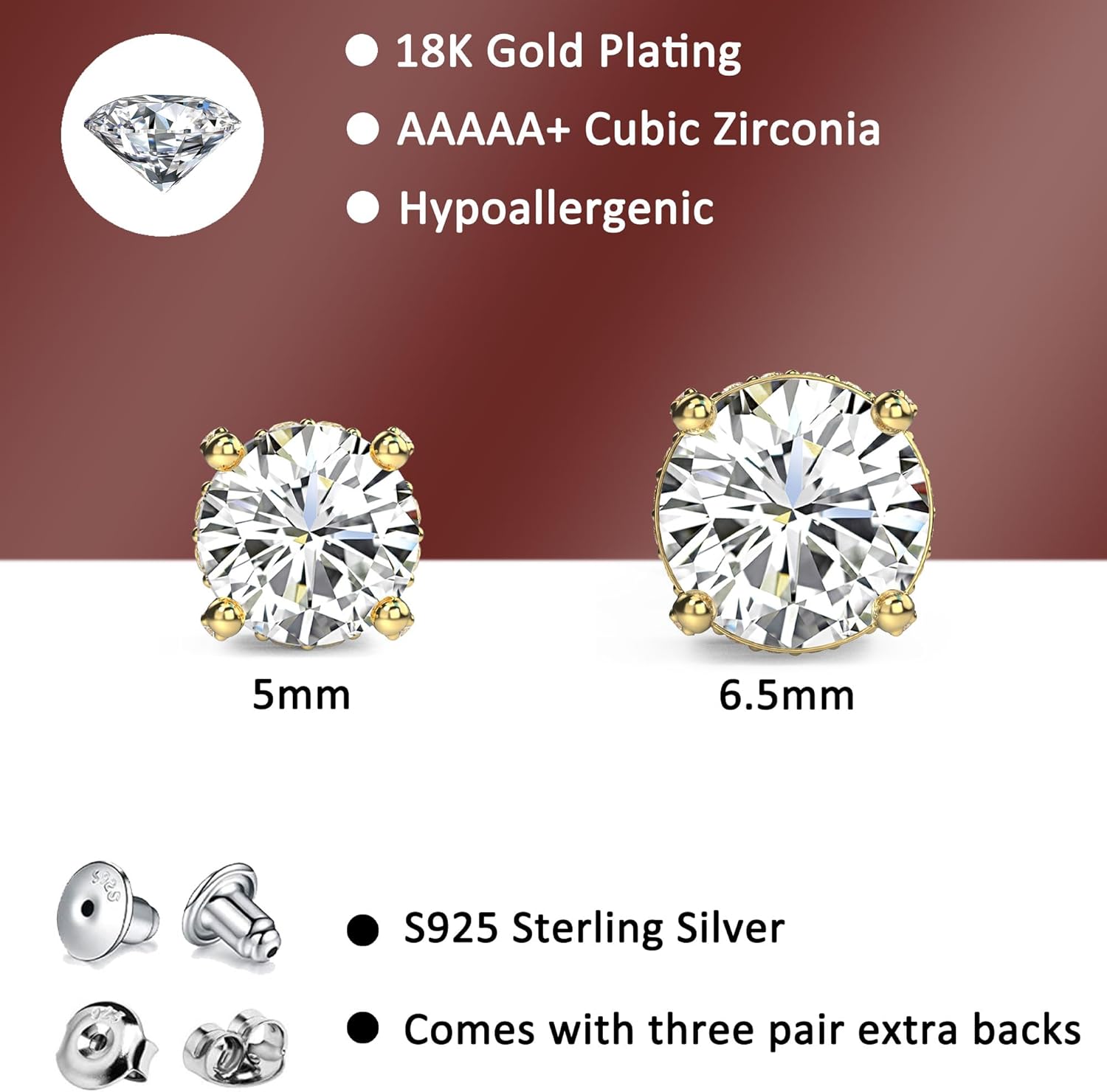 18K Gold Plated Sterling Silver Cubic Zirconia Stud Earrings for Women Men, Simulated Diamond CZ Studs Hypoallergenic Jewelry for Women Men - Image 6