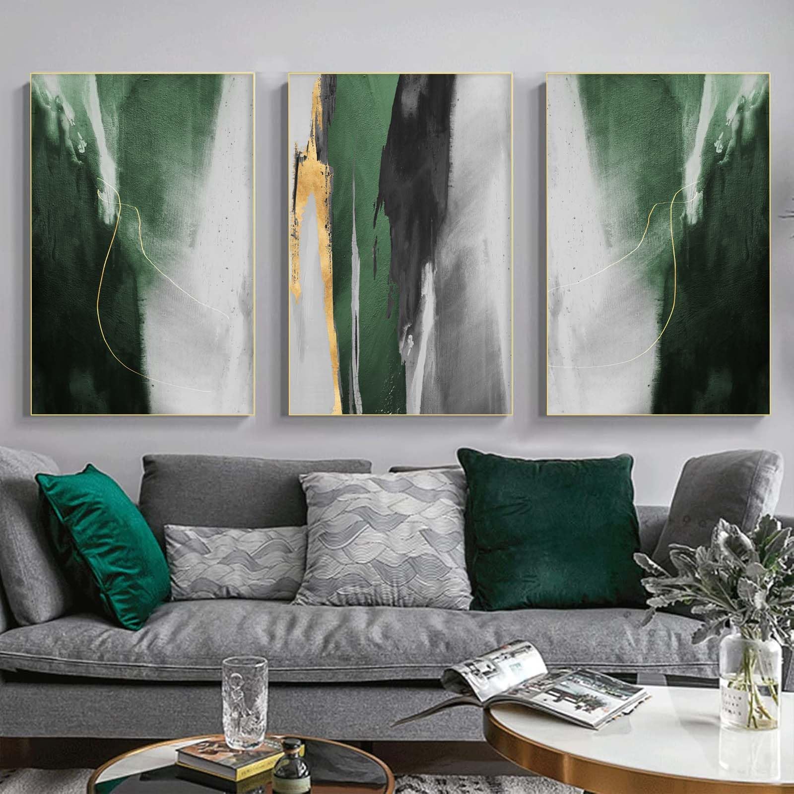 EGJEPWFH Modern Abstract Wall Art - Dark Green and Gold Minimalist Botanical Canvas Modern Living Room Bedroom Wall Decor(75x110cmx3/NO frame)