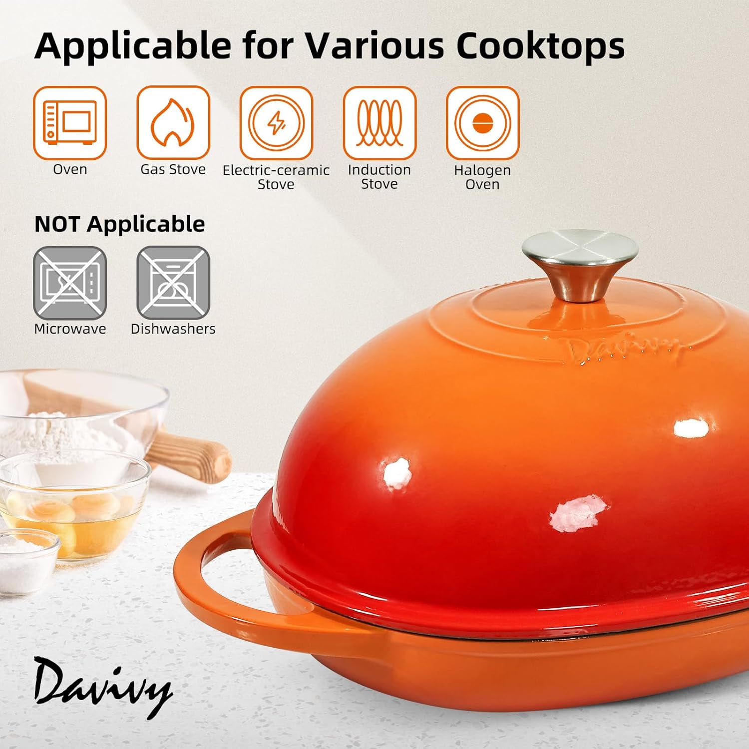 Davivy Cast Iron Oval Bread Pan with Lid 6QT, Dutch Oven for Sourdough Bread, Non-stick Cast Iron Sourdough Baking Pan with Silicone Baking Mat - Flame Orange
