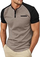 PrinStory Henley T Shirt Mens Summer Short Sleeve T-Shirts Casual Grandad T Shirt Crew Neck Basic Tops with Pocket