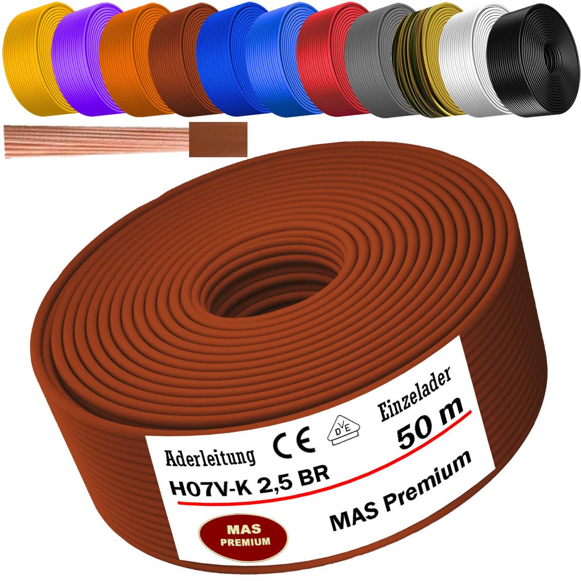 Przewód żyłowy H07 V-K 1 x 2,5 mm², brązowy, pojedyncza żyła, elastyczna, od 5 do 100 m (50 m)