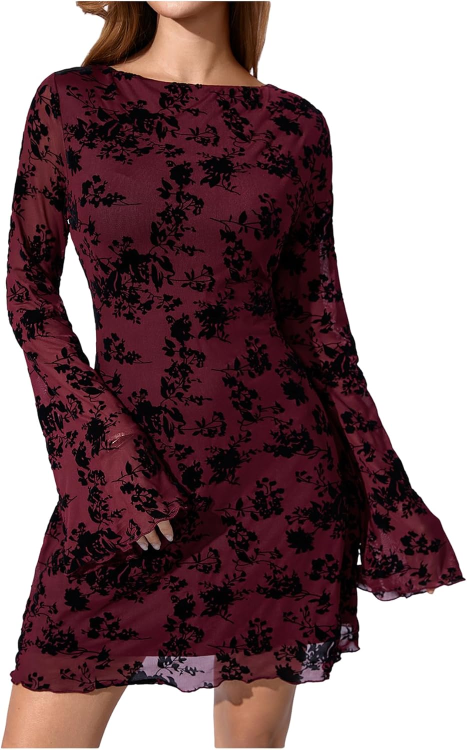 SOLY HUX Women's Floral Sexy Mesh Mini Dress Bell Long Sleeve Bodycon Going Out Dresses - Image 4