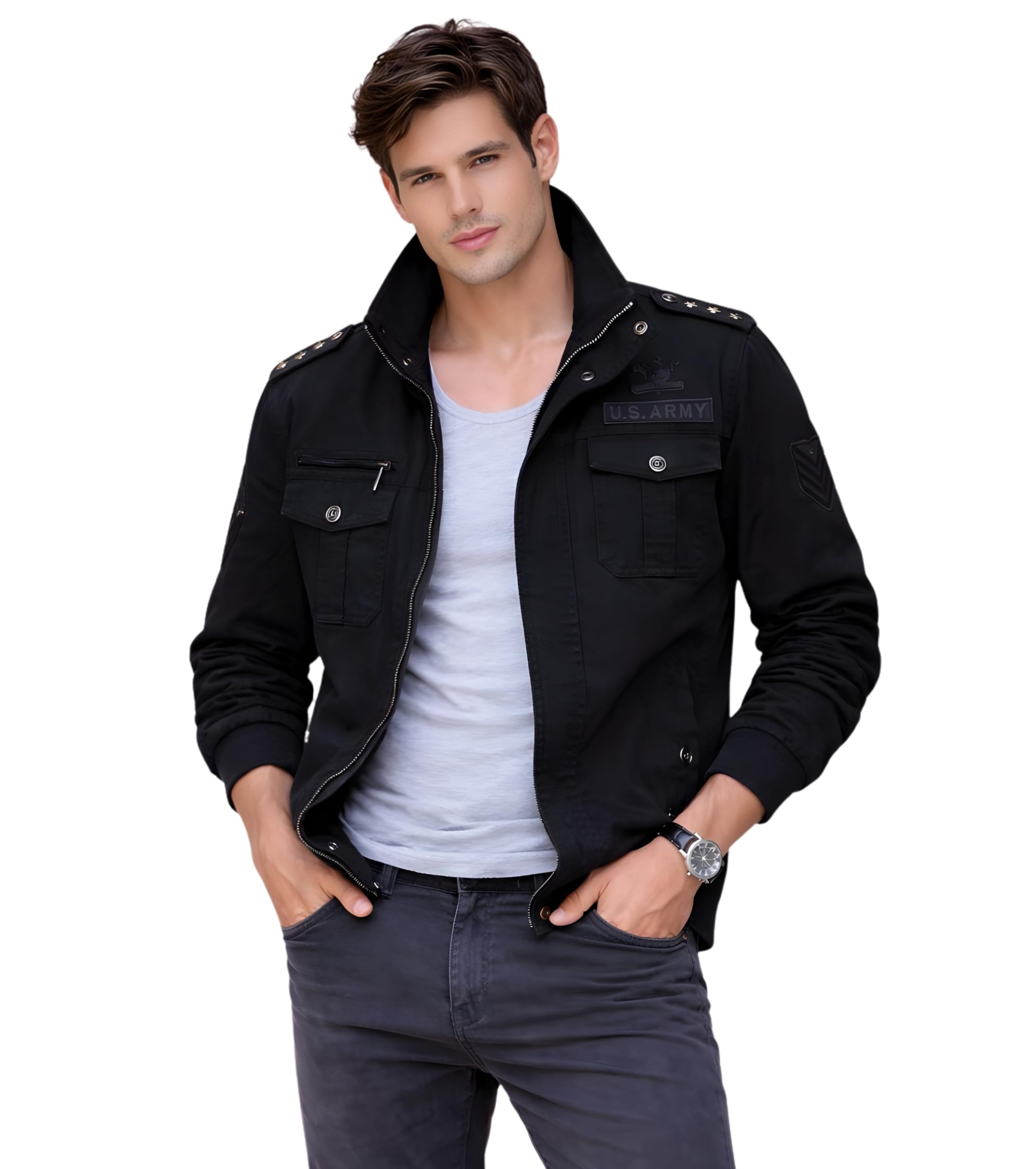 L'MONTE Men's Imported Military Style Standard Length Cotton Cargo Jacket with Polyester Lining, Windproof and Warm Casual Outdoor Coat Perfect for Early to Late Winter (L, Black) 1