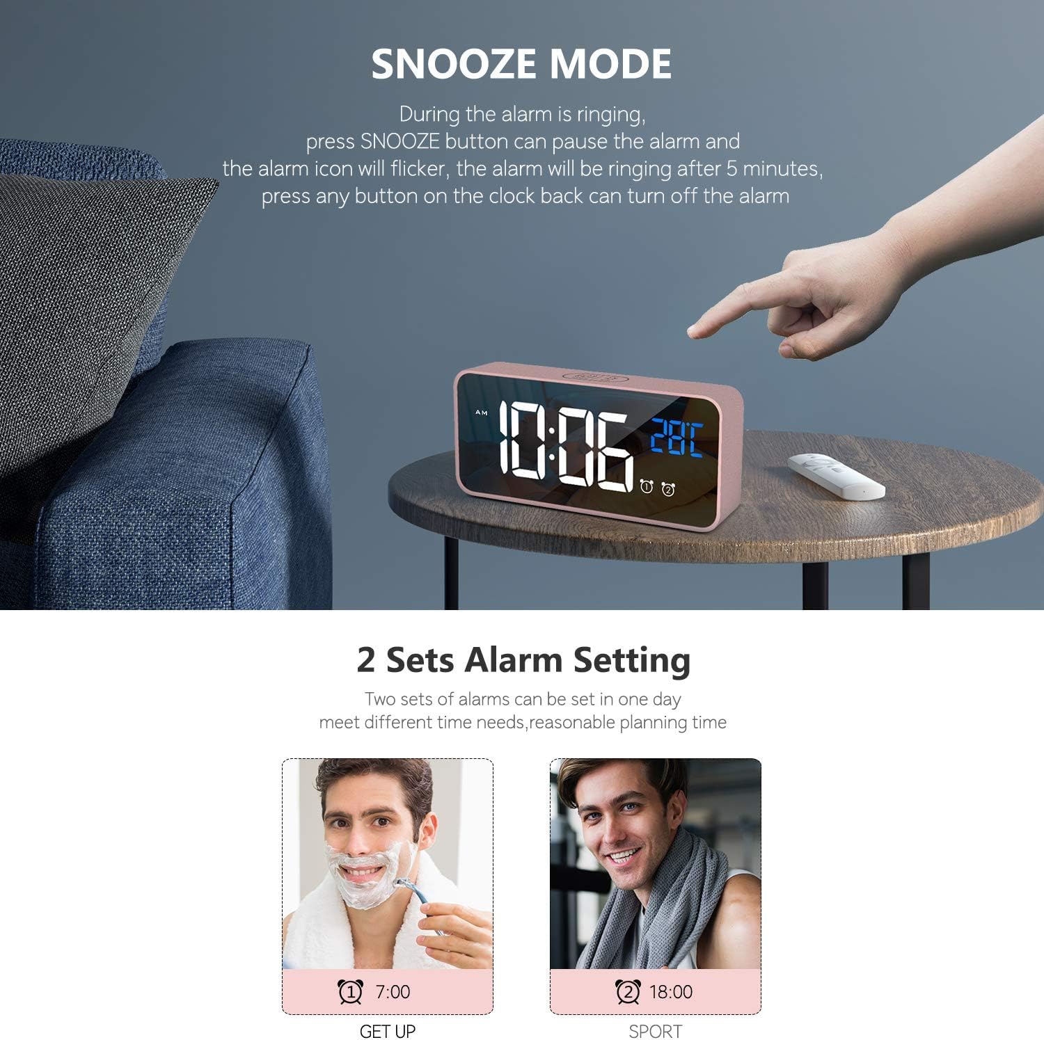 HOMVILLA Digital Alarm Clock showing four levels of brightness adjustment