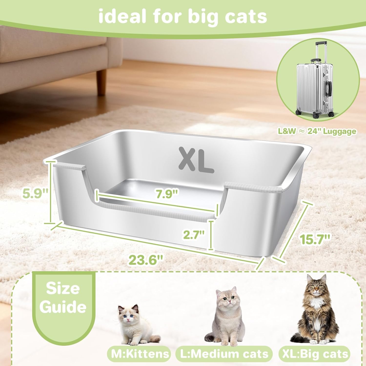 2-Pack Low Entry Litter Box for Senior Disabled & Injured Cats, Stainless Steel High Sided Enclosed Easy Step in Entry-Large Metal Kitty Litter Box for Kittens, Odor Control (23.6"x15.7"x5.9") thumbnail