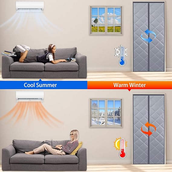 Magnetic Thermal Insulated Door Curtain, Self-Closing Privacy Magnetic Screen Door, Keep Warm in Winter and Cool in Summer, Waterproof Windproof Soundproof (Grey, Fit Door Size 38  82 )