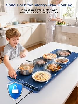 FZF Warming Mat for Food Extra Large, 40x15 Food Warmers for Parties Buffet, with 7 Temp Level and 9 Timer Setting, Rollable Silicone Electric Warming Tray for Home, Gatherings (Blue)