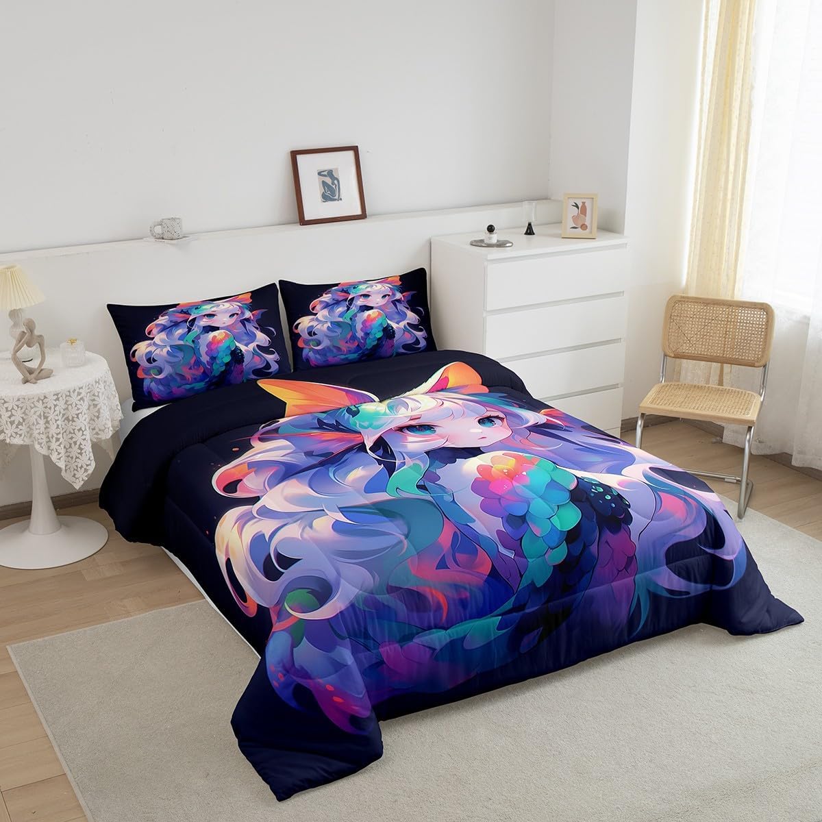 Erosebridal Anime Comforter Set Japanese Girl Bedding Comforter Sets 3D Cartoon Printed Bedding Queen for Kids Girls Anime Gifts Quilt with 2 Pillow Cases