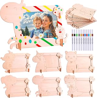 SIRPERICE DIY Wooden Photo Frames, 12 Pack Unfinished Solid Wood Picture Frames Painting Craft Kit with 12PCS Color Pens, Standing Wooden Frames for Crafts, DIY Painting