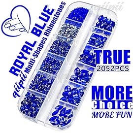 qiipii 2052Pcs Sapphire Blue Nail Art Rhinestones Kit Royal Blue Nail Charms Multi Shapes Crystal Flatback Rhinestones Big Gems + Round Beads Glass Stones Diamonds Jewels for Nails Faces Eyes Makeup