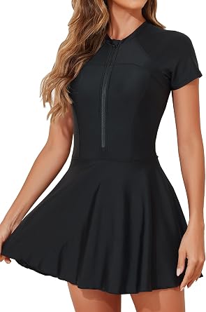 Smismivo Swim Dress Modest Swimsuits for Women High Neck Bathing Suit One Piece Tummy Control Swimdress Zip Sleeve Swimwear