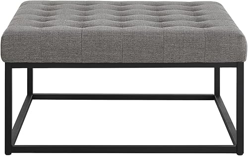 Miniatura 5 de 24KF - Mesa de café cuadrada, grande y copetuda estilo Edad Media asiento otomano tapizado, acolchado y con base de metal negro, color granito