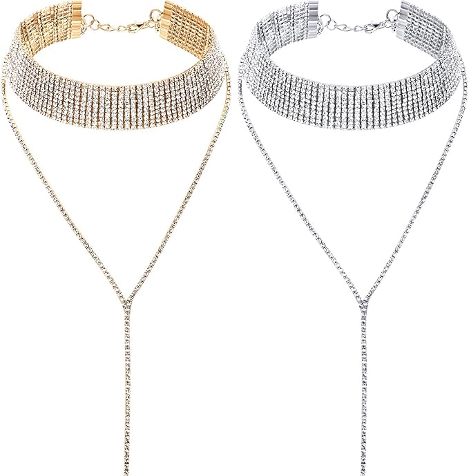 meekoo 2 Pieces Rhinestone Tassel Choker Necklace Multi
