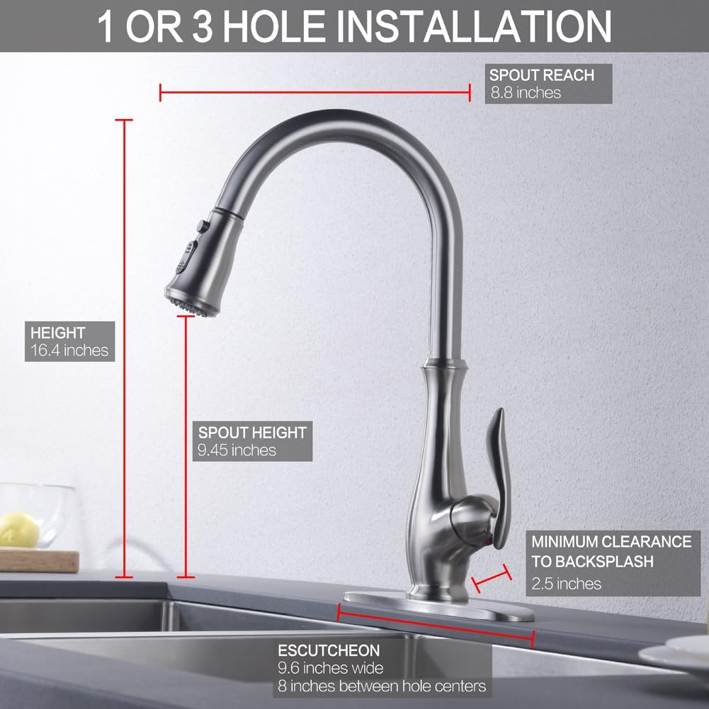 Commercial Single Handle High Arch Brushed Nickel Kitchen Faucets with Pull Down Sprayer, Single Level Deck Mounted Pull Out Stainless Steel Kitchen Sink faucets with Deck Plate