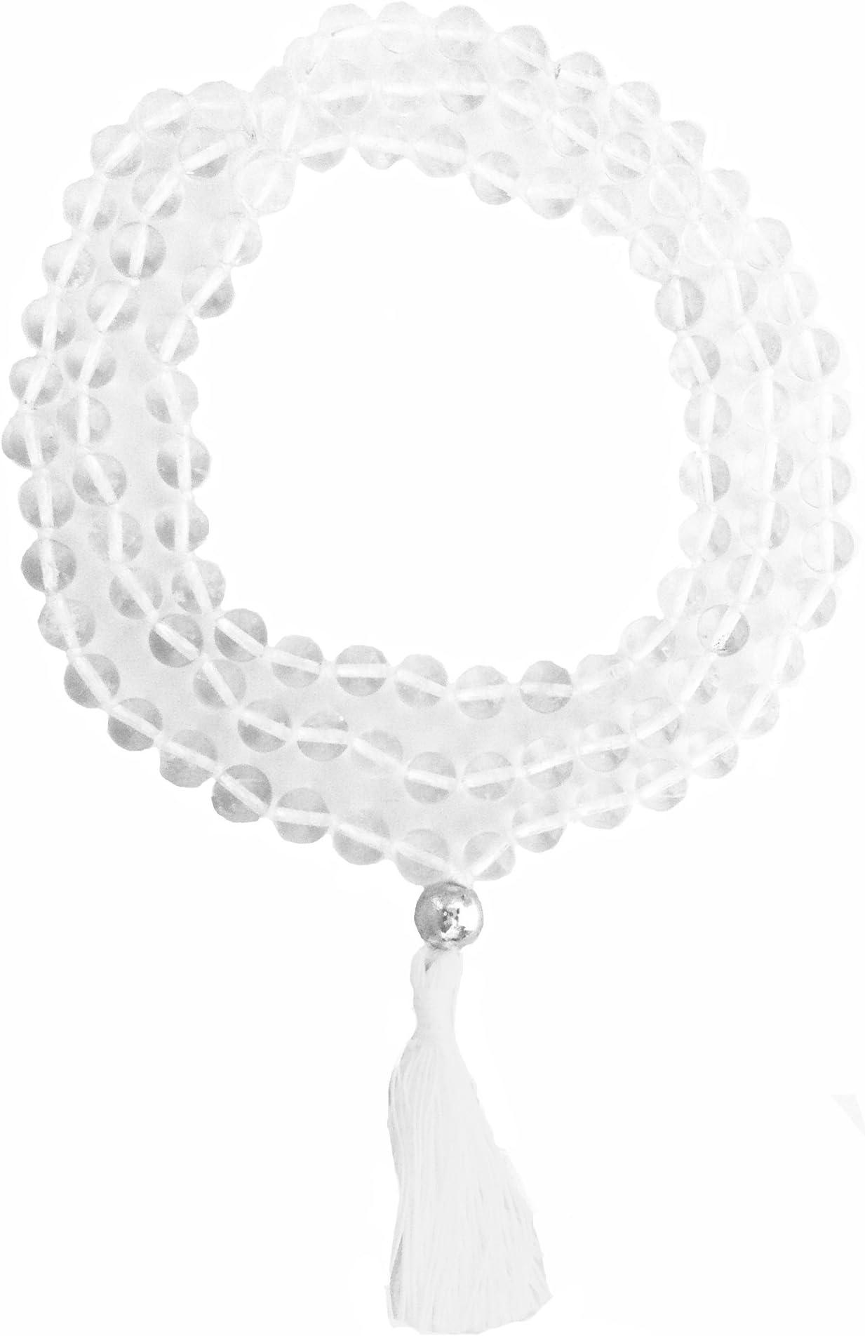 Crystal White Quartz 108 Bead Stone Hand Knotted Mala Prayer Necklace