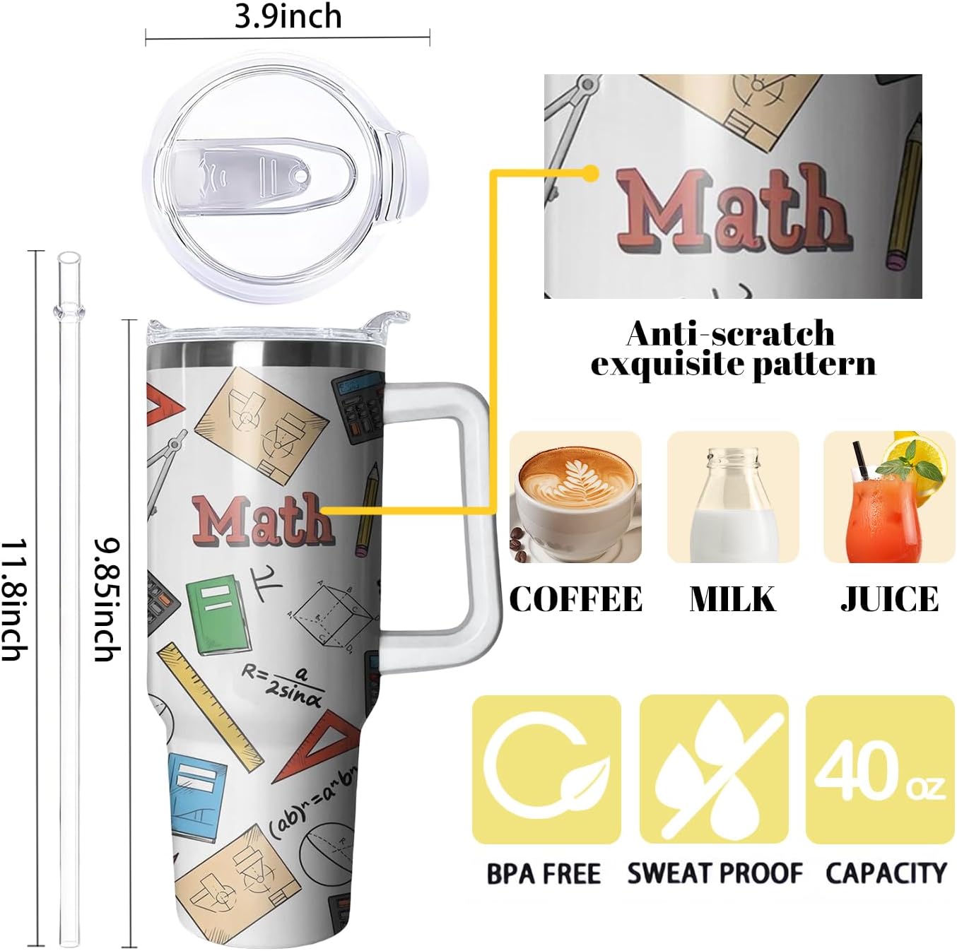 40oz Math Teacher Gifts Tumbler with Handle and Straw, Mathematics Stainless Steel Insulated Cup with Lid, Travel Coffee Mug Water Bottle, Birthday Gifts for Women Men
