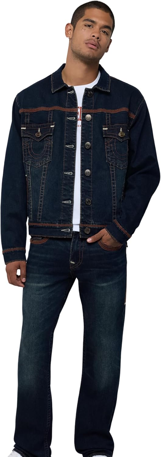 True Religion Men's Super Flatlock Trucker Jacket - 98% Cotton 2% Spandex, Flatlock Detail, Dark Wash