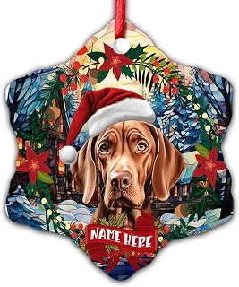 Dinoz Merry Christmas Vizsla Dog Stained Glass Tree, Santa Clause House Peronalized Name Both Sided Print Ceramic Snowflake Ornaments Keepsake Gifts for House Decorations