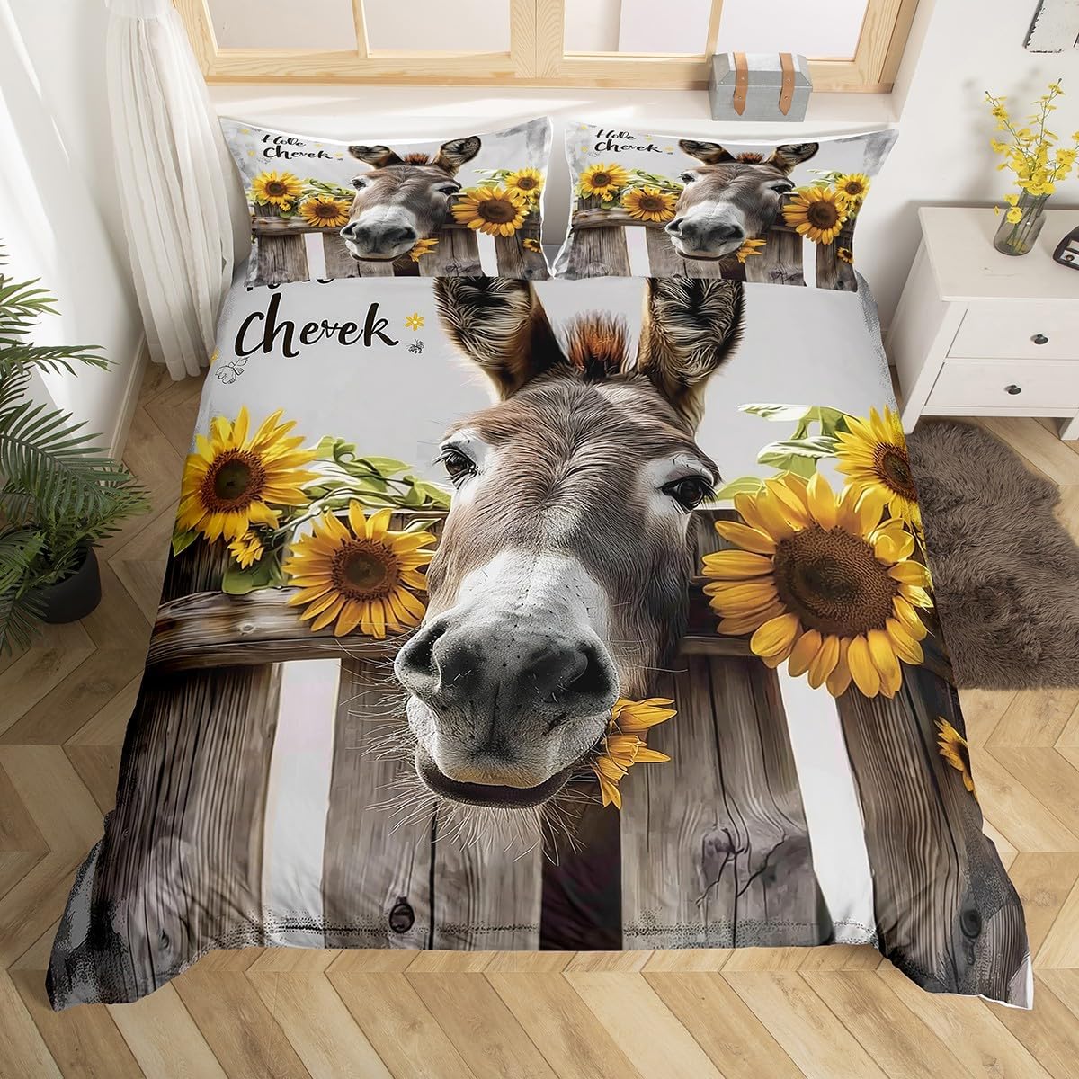 Erosebridal Donkey Full Duvet Cover for Boys Girls Kids Cute Animal Donkey Bedding Set 3 Pcs, Rustic Farmhouse Donkey Comforter Cover Nature Sunflowers Bedspread Cover Western Farmstyle Bedding