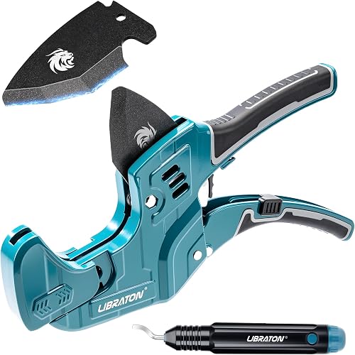 LIBRATON 2-1/2" Ratchet PVC Pipe Cutter, 2 Adjustable Ranges PVC Cutter | Heavy-Duty PVC Cutter Tool for PVC, PEX, PPR, Plastic Hoses and Plumbing Pipe with Replacement Blade & Deburring Tool