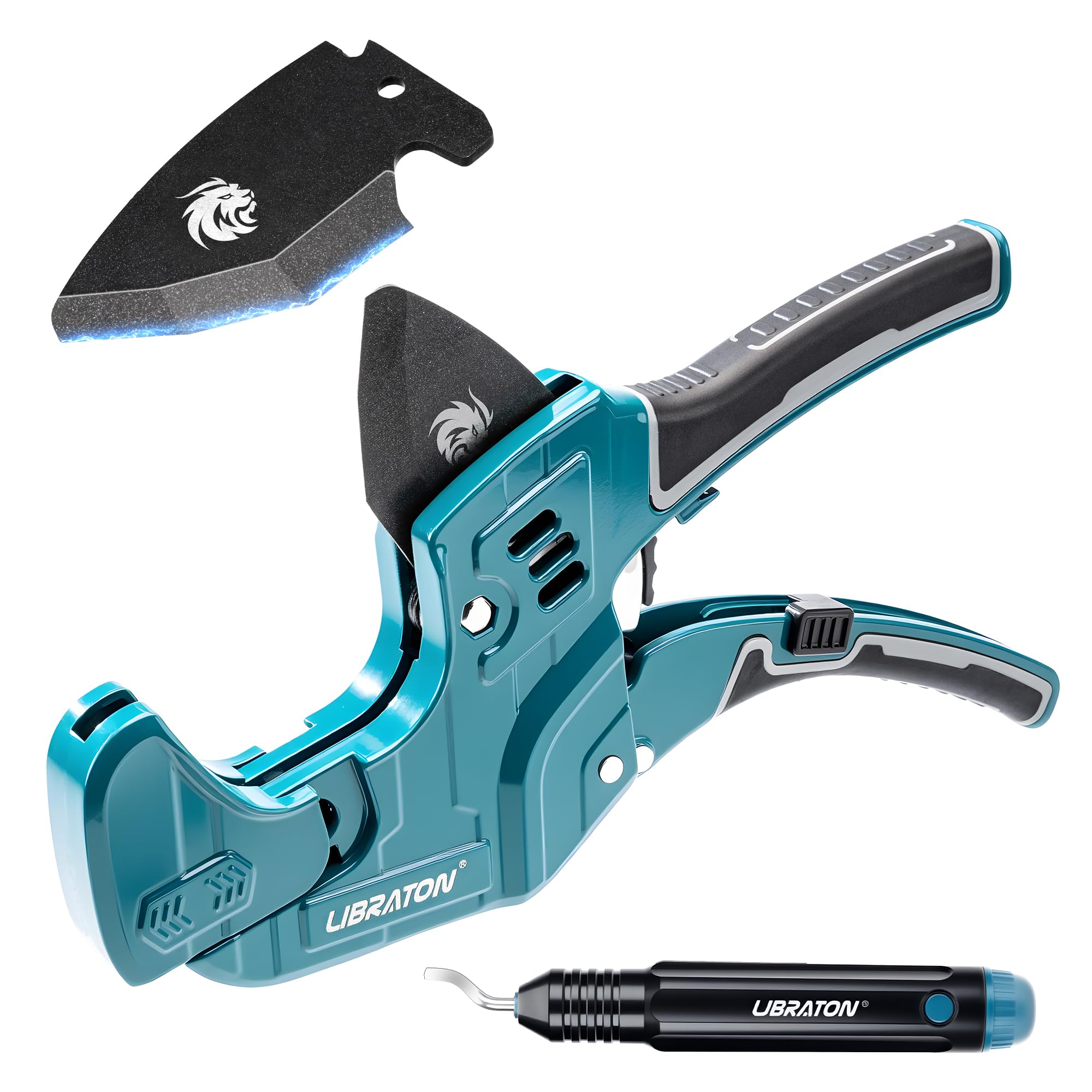 Libraton PVC Pipe Cutter, Up to 2-1/2", Ratchet Pipe Cutter Tool for PEX, PVC, PPR Plastic Hoses Plumbing, Heavy-Duty Pipe Cutter with Deburring Tool