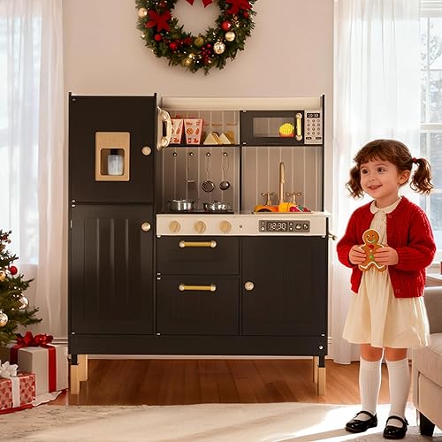 Miniatura 2 de Kinder King Cocina de madera para niños, juego de cocina para niños pequeños, juego de juguetes de cocina con sonidos reales, horno microondas de