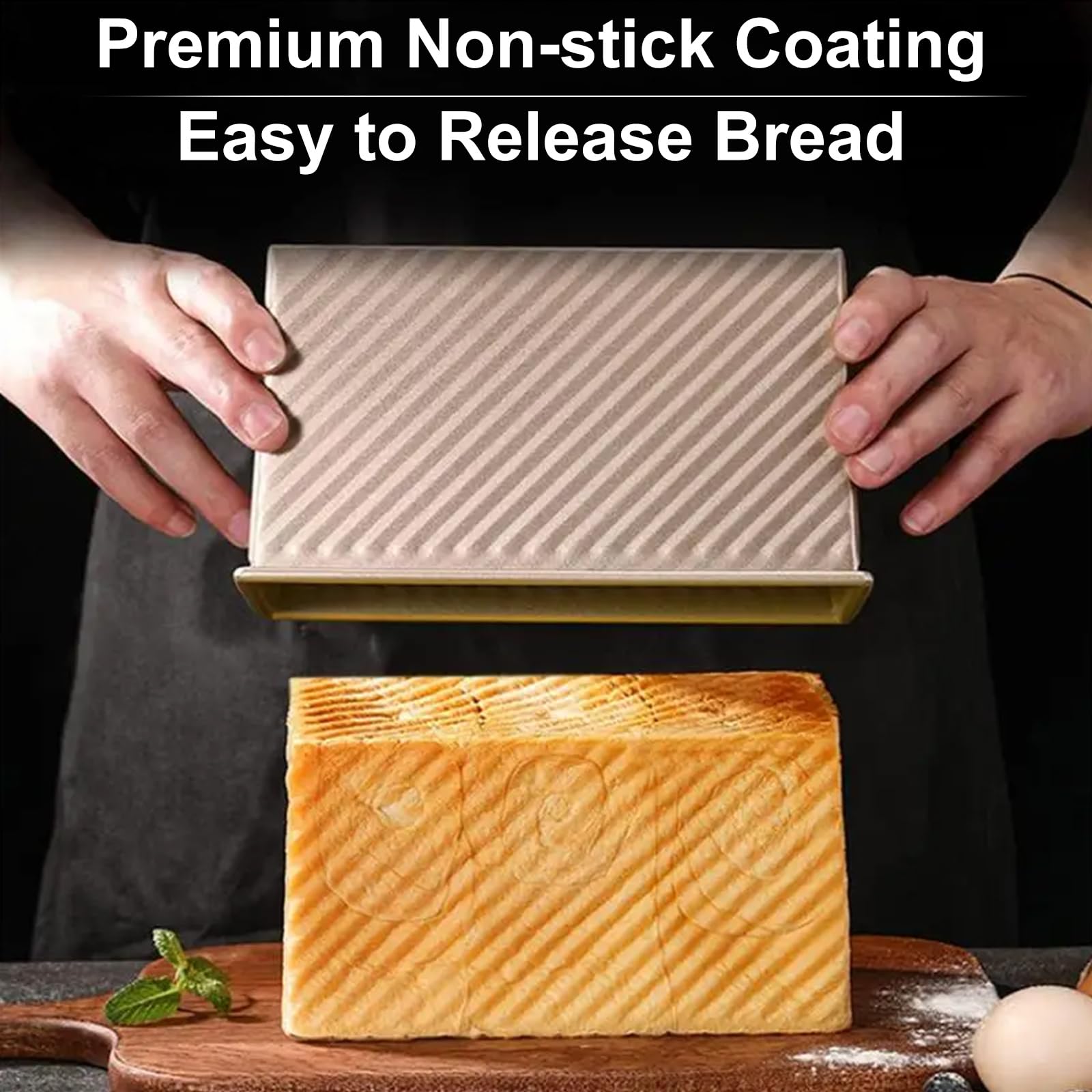 Acrux7 Paquete de 2 moldes para pan con tapa, capacidad de masa de 1 libra antiadherentes para hornear pan, caja de pan corrugado de acero al carbono con tapa para hornear pan, con juego de