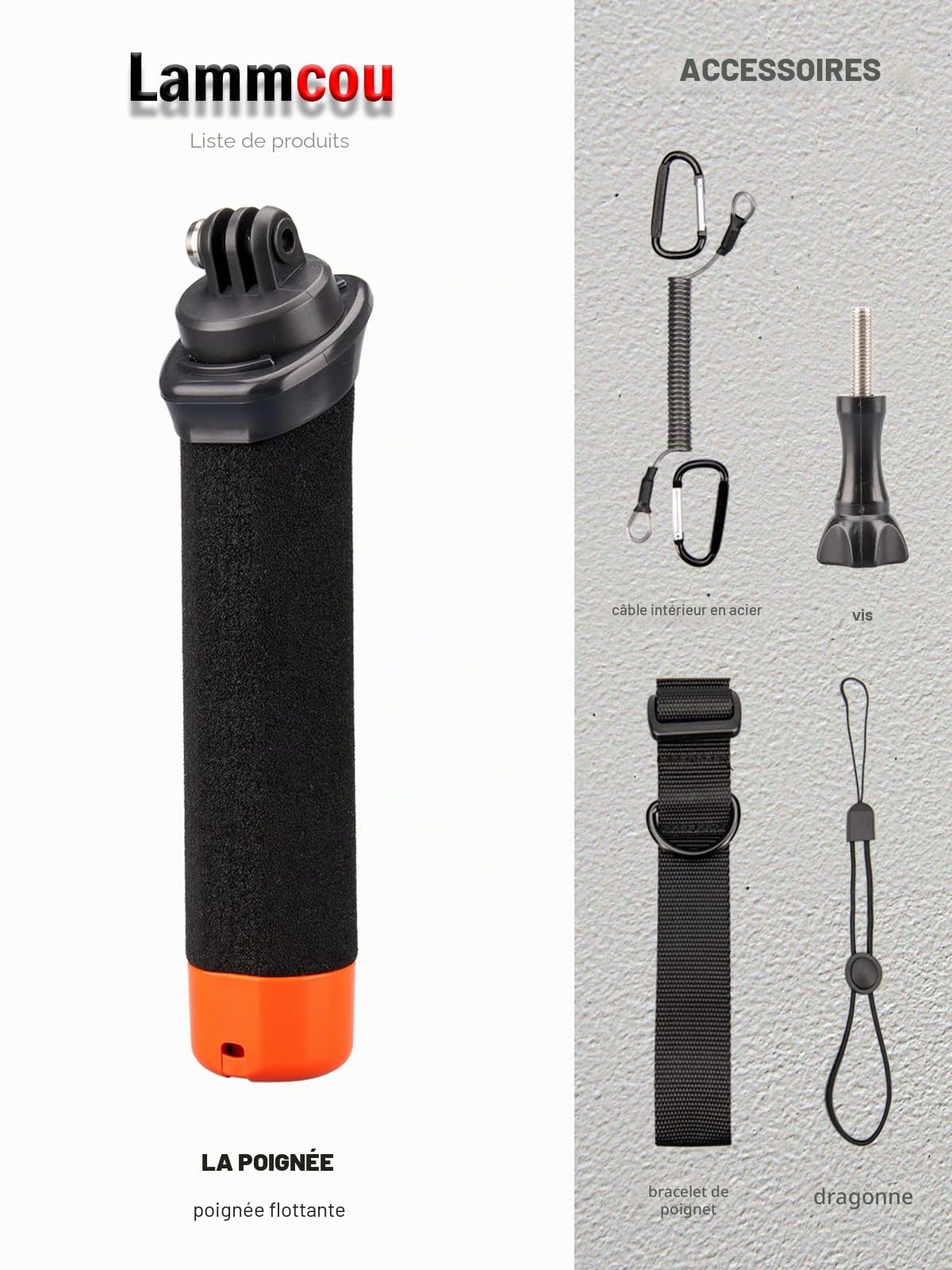Lammcou Poignée Flottante, Go Pro étanche Handler pour plongée sous-Marine, Monopode avec Corde de sécurité et Bracelet, Floating Hand Grip pour Hero 13 12 11 10 9 Go3 X3 Accessoires