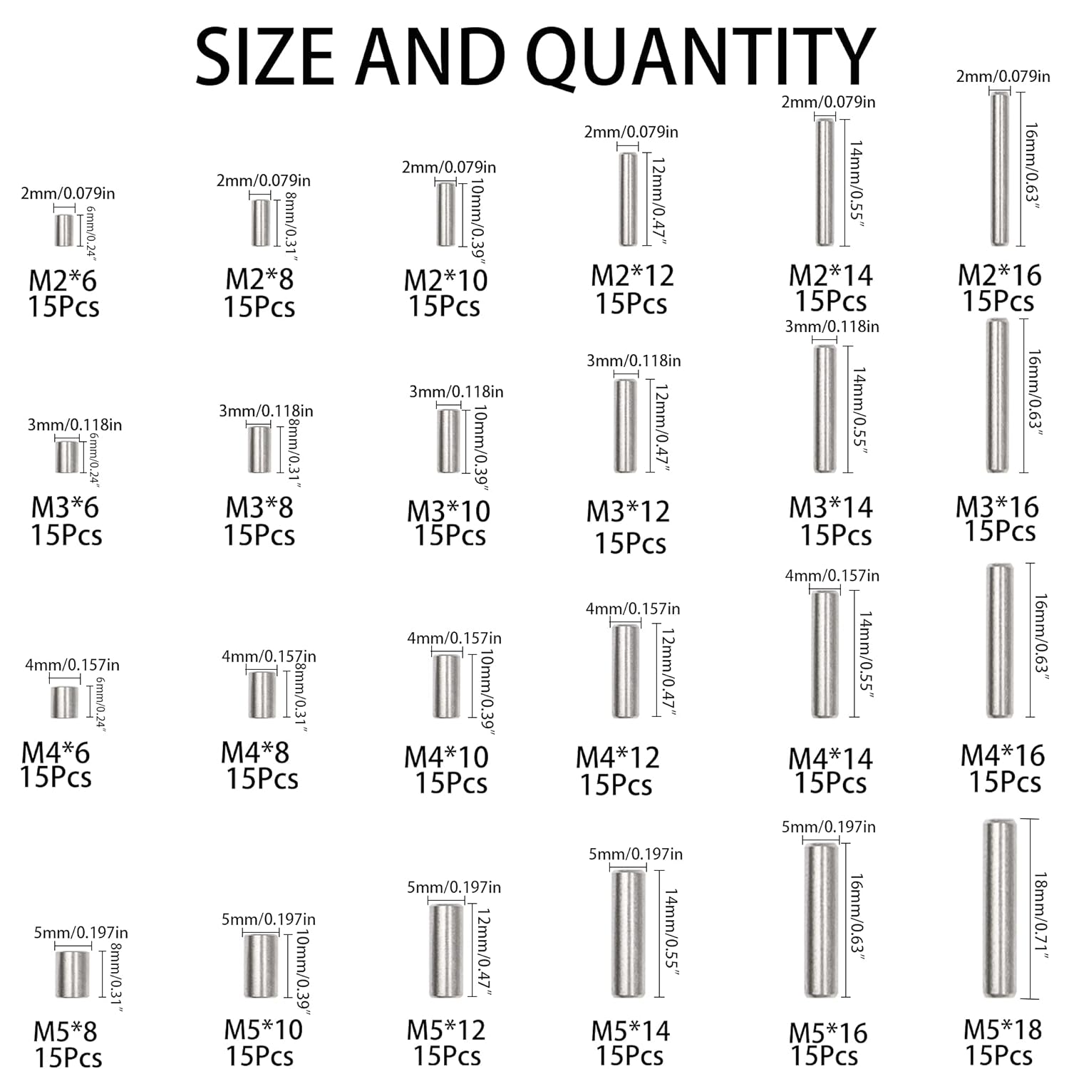 360Pcs 304 Stainless Steel Dowel Pin Shelf Support Peg Pin Rod Fasten Elements Assortment Kit, 24 Sizes M2 M3 M4 M5