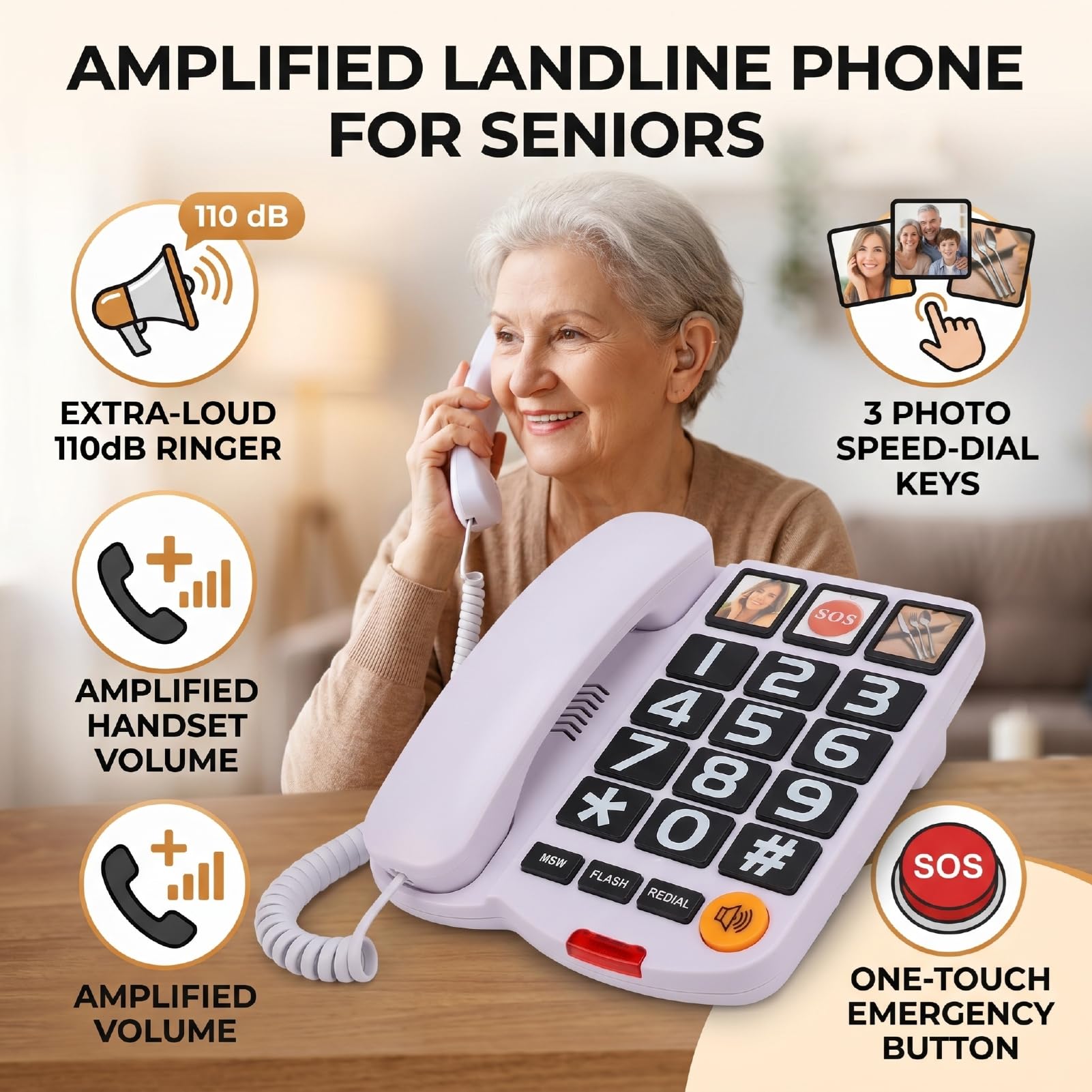 Telefono fisso con tasti grandi per anziani, nero o bianco (WHITE) | Telefono fisso extra potente da 110 dB, con 3 funzioni di chiamata rapida tramite foto e vivavoce.