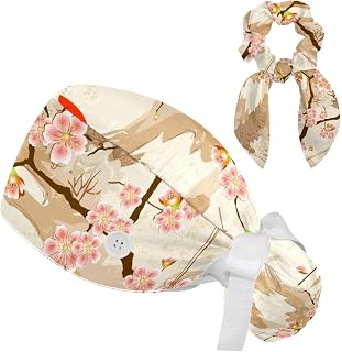 FVQL 2 Pieces Surgical Cap for Long Hair Scrub Cap with Hairband Nurse Cap, Japanese Style Pattern Painting